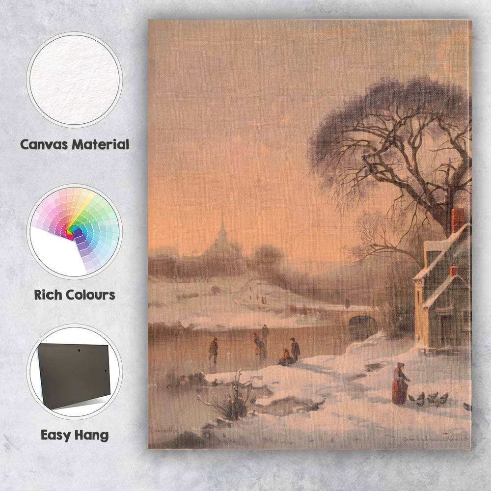 Classic Snowy Village Frozen River Church Winter Landscape Canvas Wall Art Print Decor Picture Ready to Hang