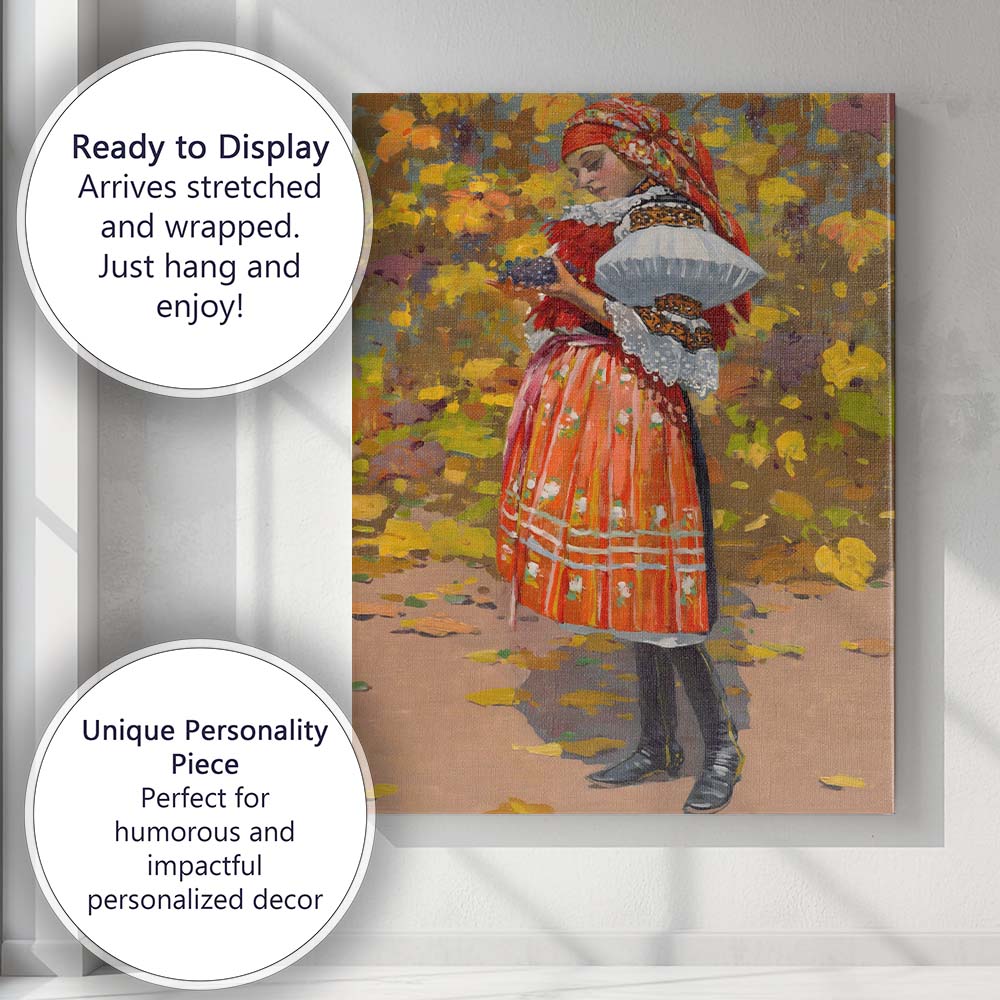 Traditional Folk Woman with Grapes Colourful Harvest Portrait Canvas Wall Art Print Decor Picture Ready to Hang