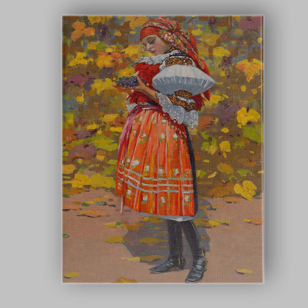 Traditional Folk Woman with Grapes Colourful Harvest Portrait Canvas Wall Art Print Decor Picture Ready to Hang