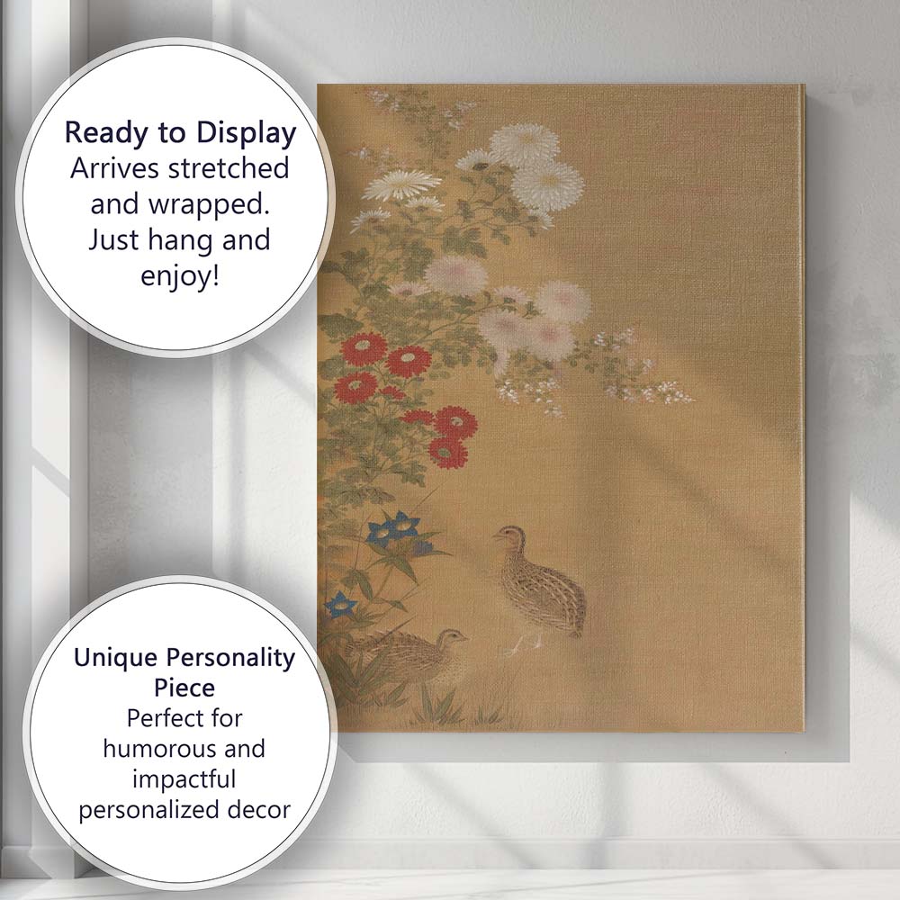 Japanese White Chrysanthemum Red Daisy Quail Botanical Art Canvas Wall Art Print Decor Picture Ready to Hang