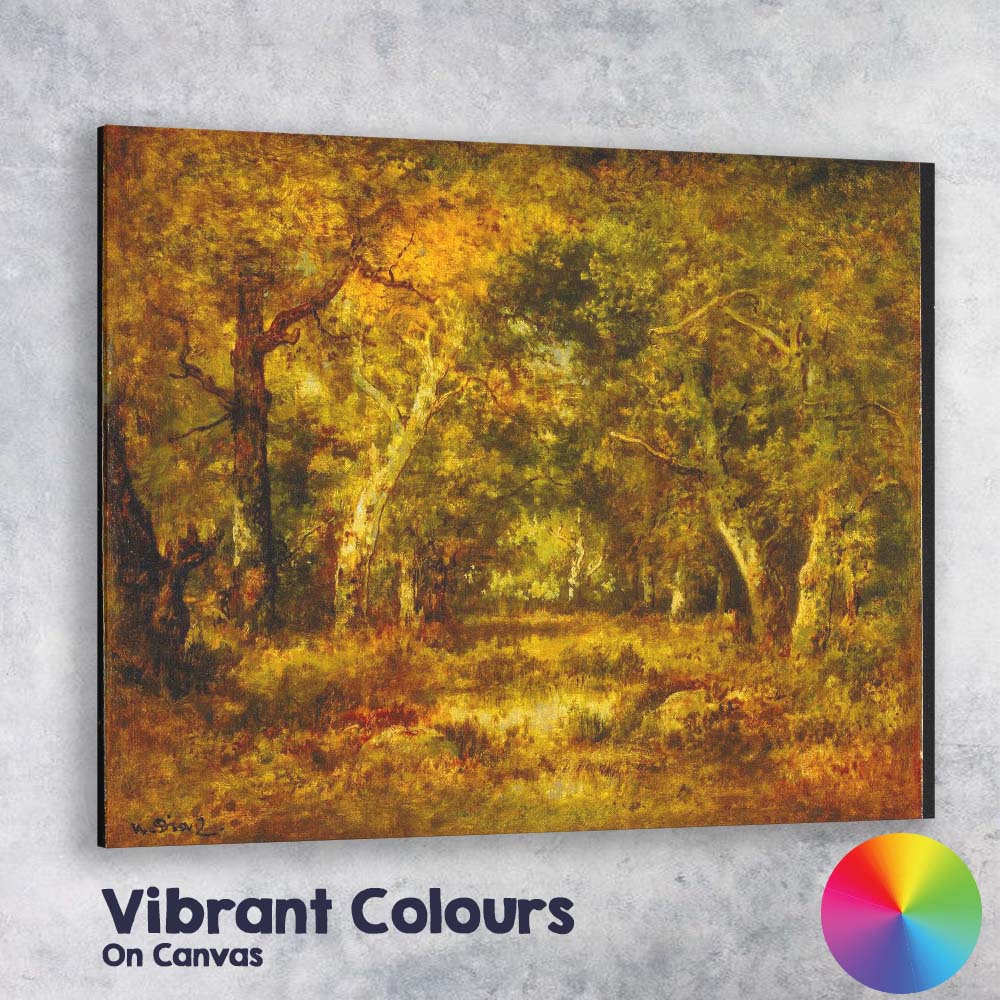 Golden Sunlit Woodland Forest Pond Landscape Painting Canvas Wall Art Print Decor Picture Ready to Hang