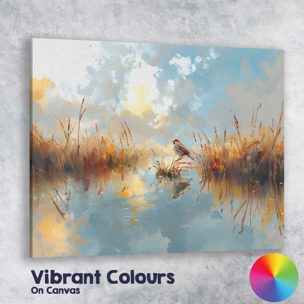 Watercolour Sparrow Wetland Reflection Landscape Soft Blue Sky Canvas Wall Art Print Decor Picture Ready to Hang