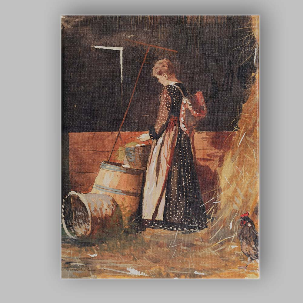 Victorian Farm Girl In Polka Dot Dress Rustic Barn Interior Watercolour Canvas Wall Art Print Decor Picture Ready to Hang