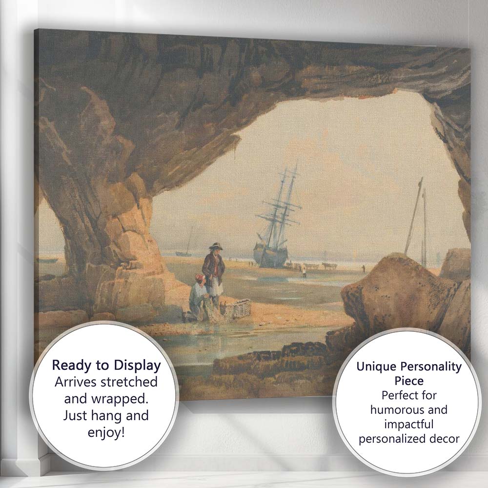 Coastal Cave Seascape With Sailing Ship Maritime Watercolour Landscape Canvas Wall Art Print Decor Picture Ready to Hang