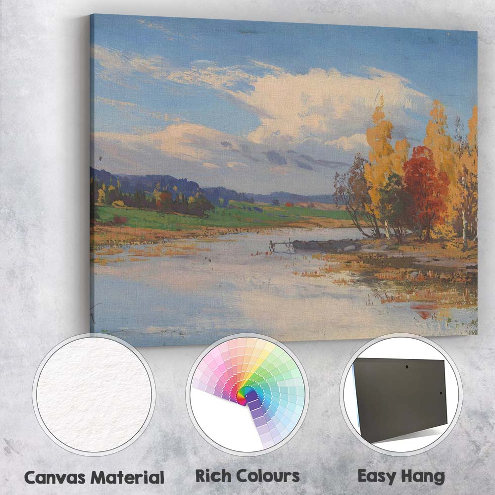 Autumn Lakeside Reflections Colourful Trees Landscape Painting Canvas Wall Art Print Decor Picture Ready to Hang