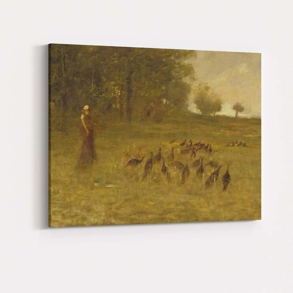 Country Woman Herding Turkeys Across Misty Meadow Tonalist Landscape Canvas Wall Art Print Decor Picture Ready to Hang