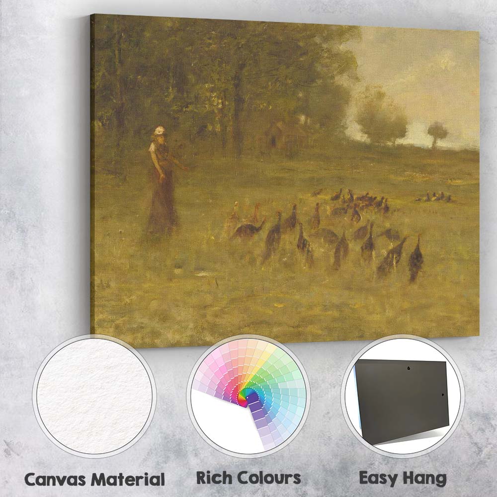 Country Woman Herding Turkeys Across Misty Meadow Tonalist Landscape Canvas Wall Art Print Decor Picture Ready to Hang