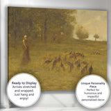 Country Woman Herding Turkeys Across Misty Meadow Tonalist Landscape Canvas Wall Art Print Decor Picture Ready to Hang