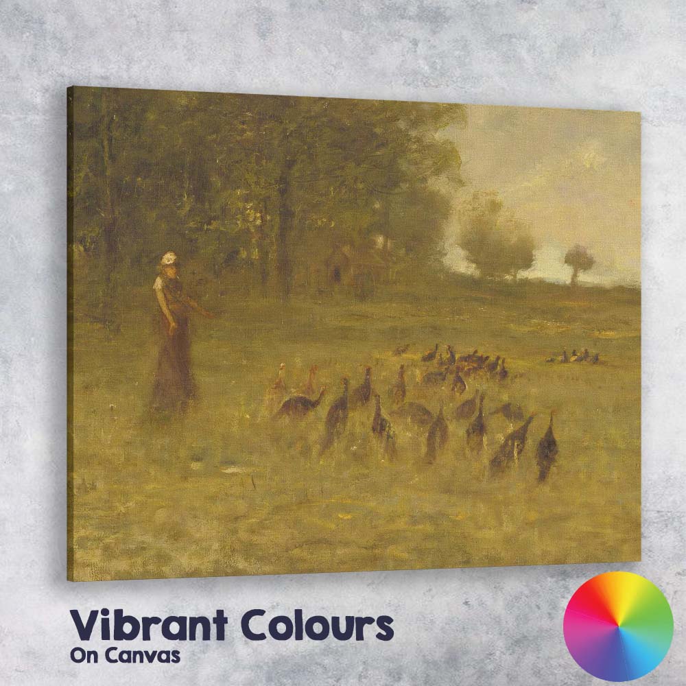 Country Woman Herding Turkeys Across Misty Meadow Tonalist Landscape Canvas Wall Art Print Decor Picture Ready to Hang