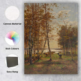Sunlit Birch Forest Cattle Lakeside Pastoral Landscape Canvas Wall Art Print Decor Picture Ready to Hang