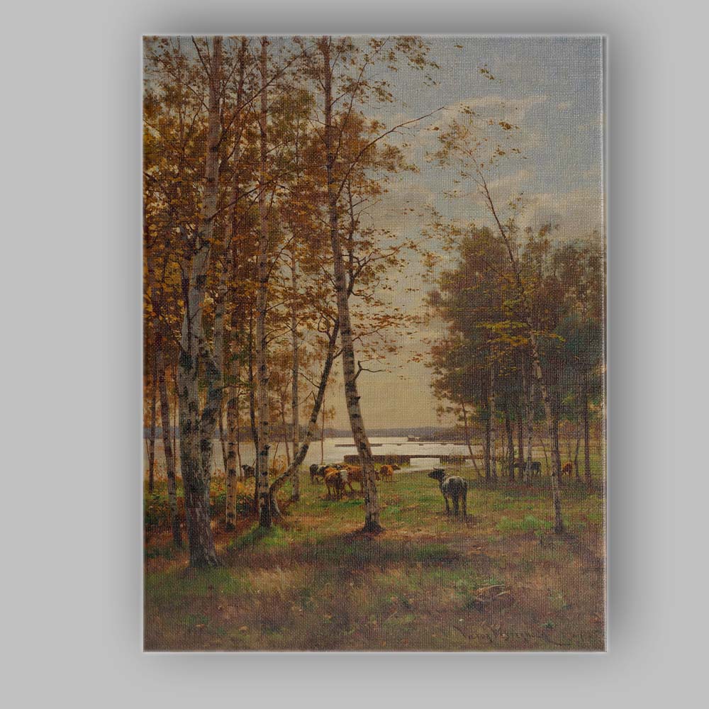 Sunlit Birch Forest Cattle Lakeside Pastoral Landscape Canvas Wall Art Print Decor Picture Ready to Hang