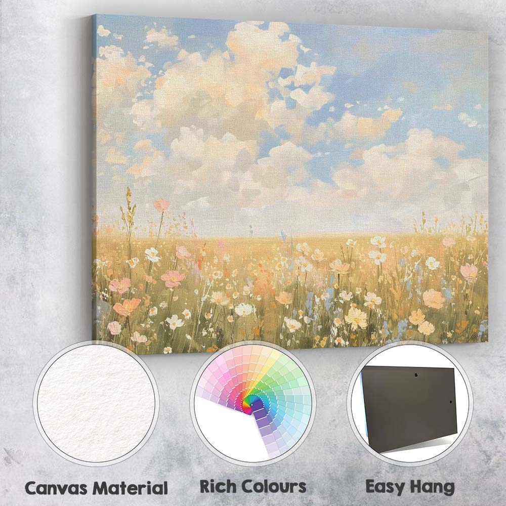 Pastel Wildflower Meadow Under Cloudy Sky Canvas Wall Art Print Decor Picture Ready to Hang