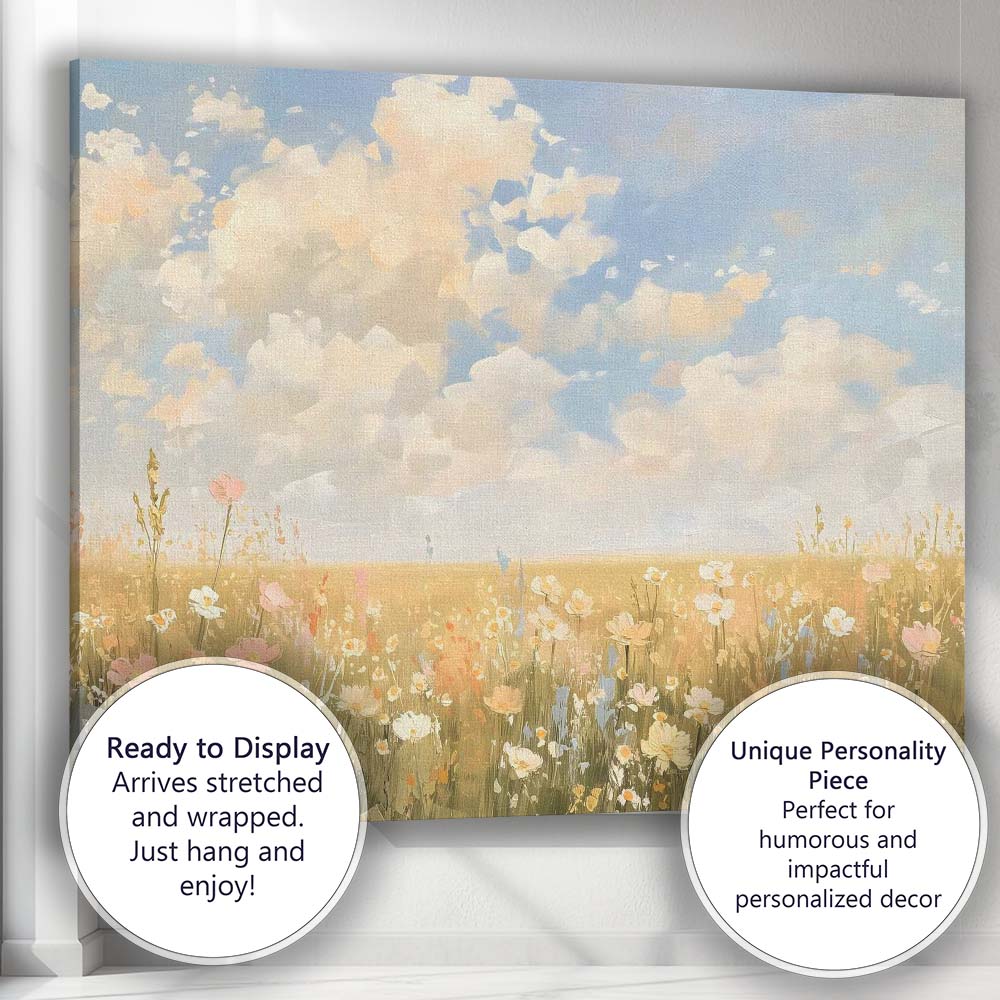 Pastel Wildflower Meadow Under Cloudy Sky Canvas Wall Art Print Decor Picture Ready to Hang