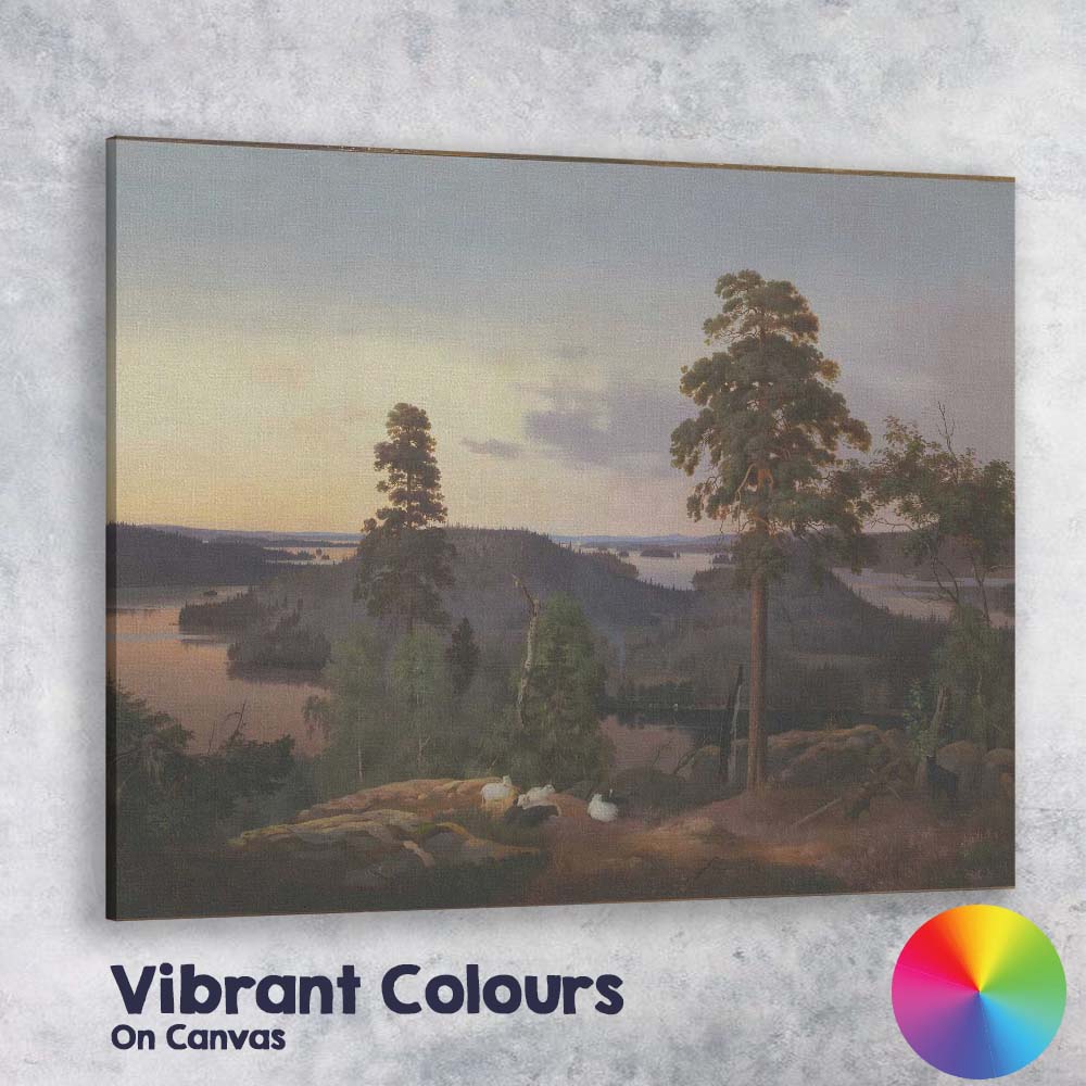 Scandinavian Lake View Pine Forest Evening Landscape Painting Canvas Wall Art Print Decor Picture Ready to Hang