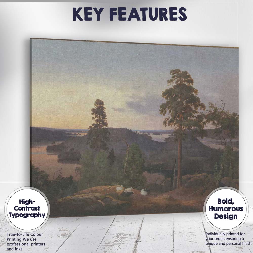 Scandinavian Lake View Pine Forest Evening Landscape Painting Canvas Wall Art Print Decor Picture Ready to Hang