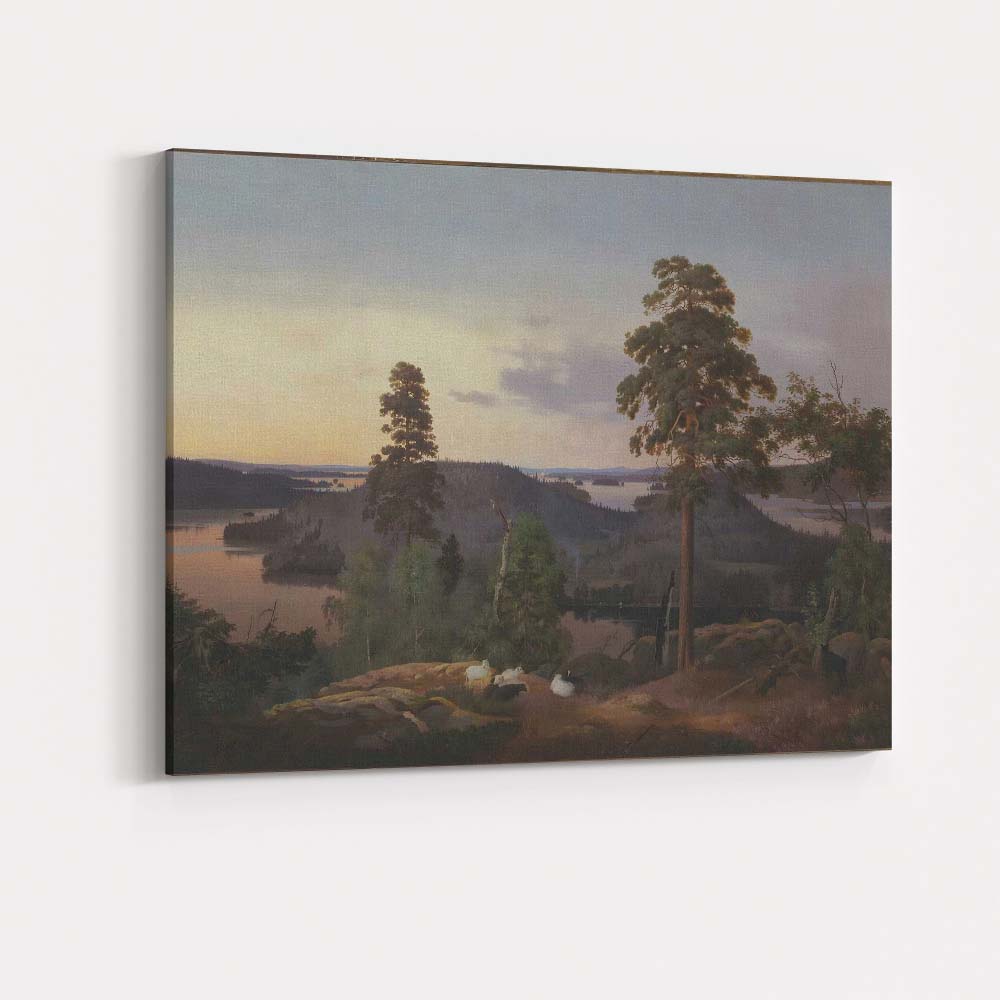 Scandinavian Lake View Pine Forest Evening Landscape Painting Canvas Wall Art Print Decor Picture Ready to Hang
