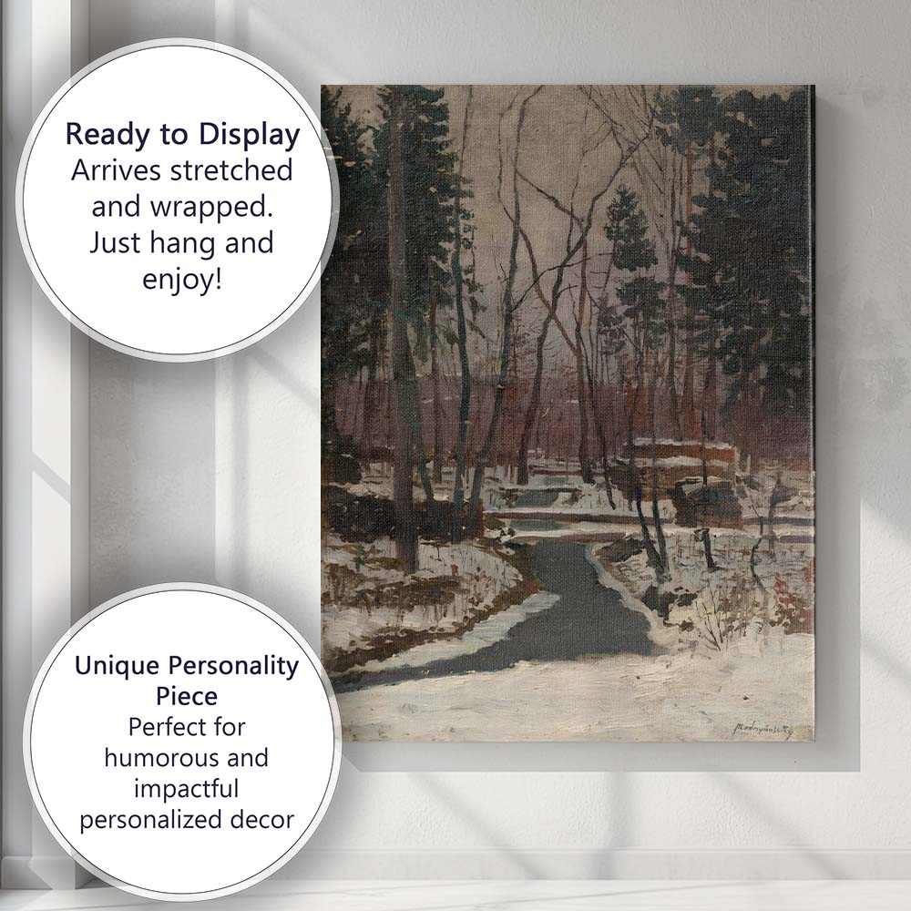 Winter Forest Stream Snow Covered Woodland Oil Painting Canvas Wall Art Print Decor Picture Ready to Hang