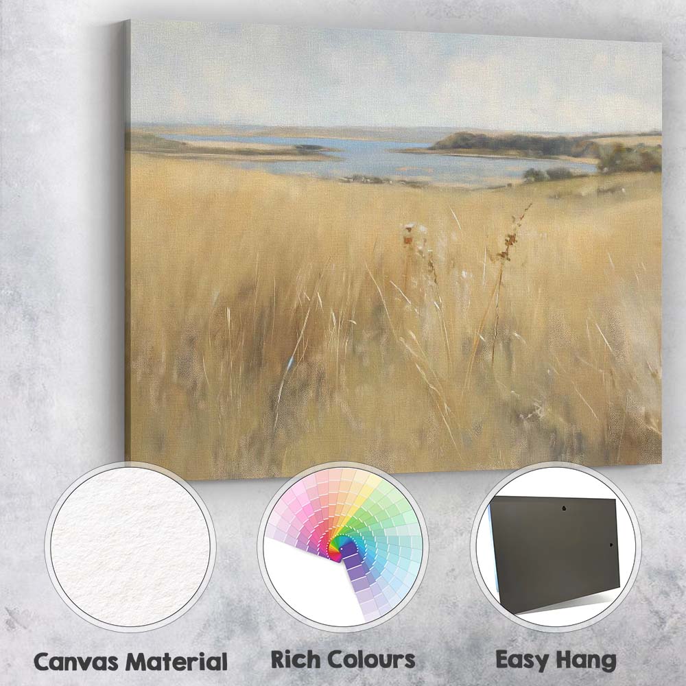 Soft Coastal Lake View Golden Grassland Landscape Painting Canvas Wall Art Print Decor Picture Ready to Hang
