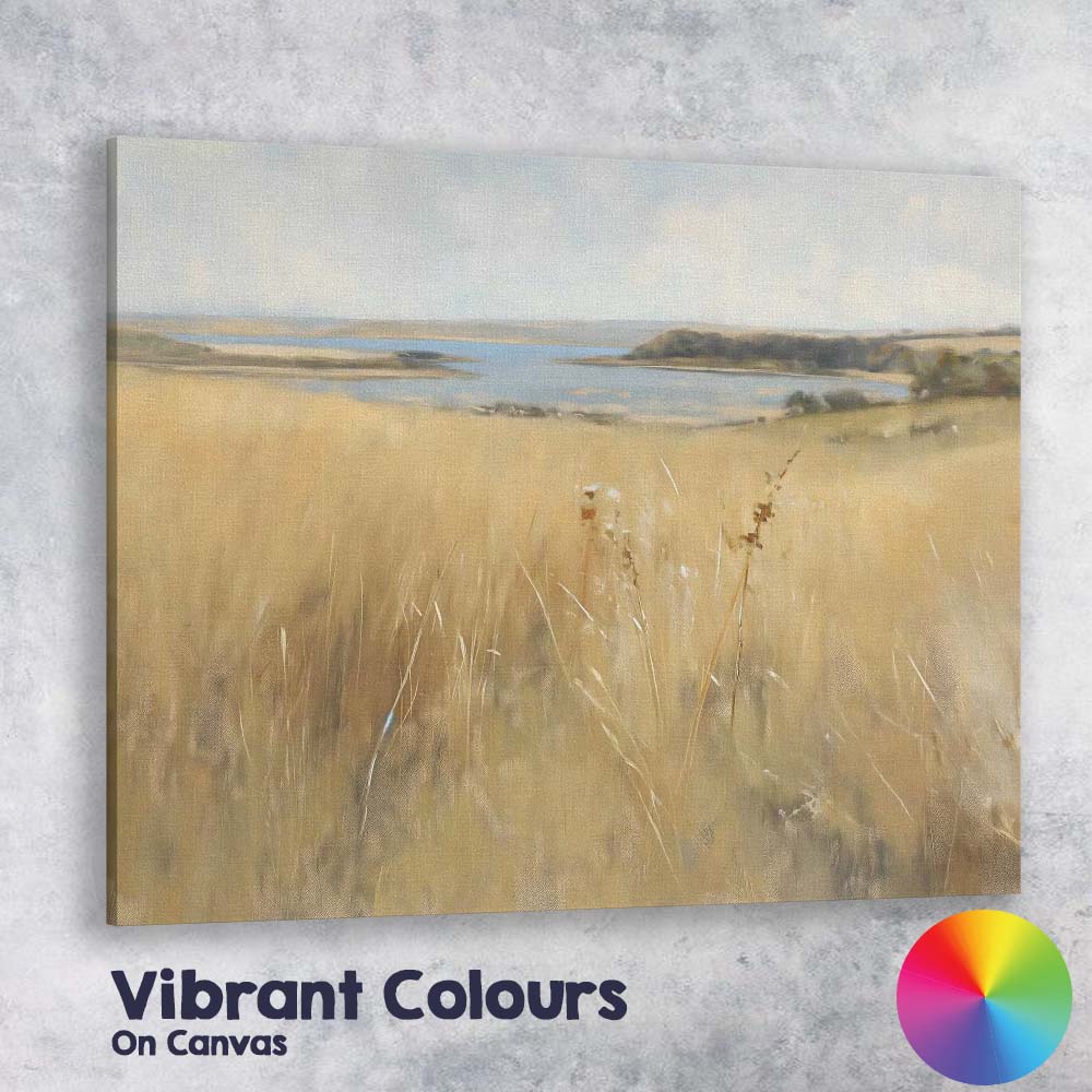 Soft Coastal Lake View Golden Grassland Landscape Painting Canvas Wall Art Print Decor Picture Ready to Hang