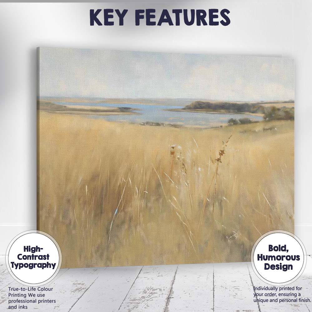 Soft Coastal Lake View Golden Grassland Landscape Painting Canvas Wall Art Print Decor Picture Ready to Hang