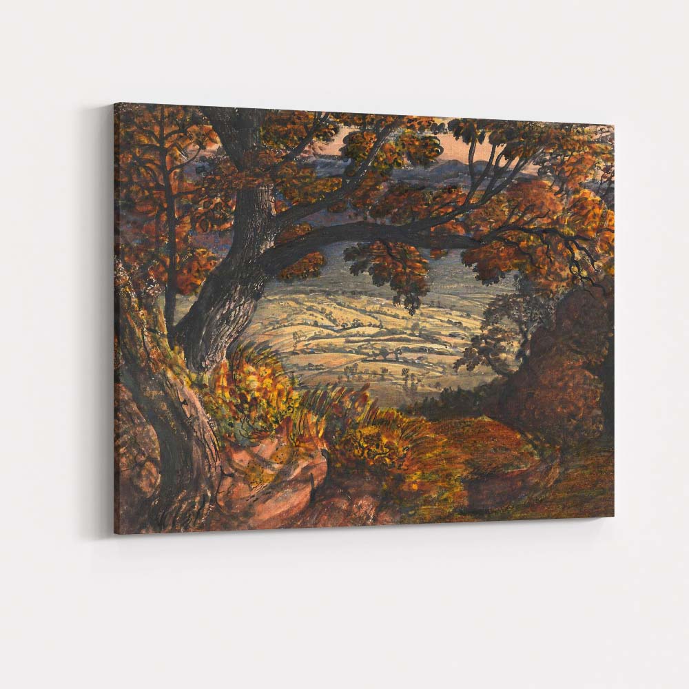 Autumn Oak Tree Overlooking Rolling Countryside Painting Canvas Wall Art Print Decor Picture Ready to Hang