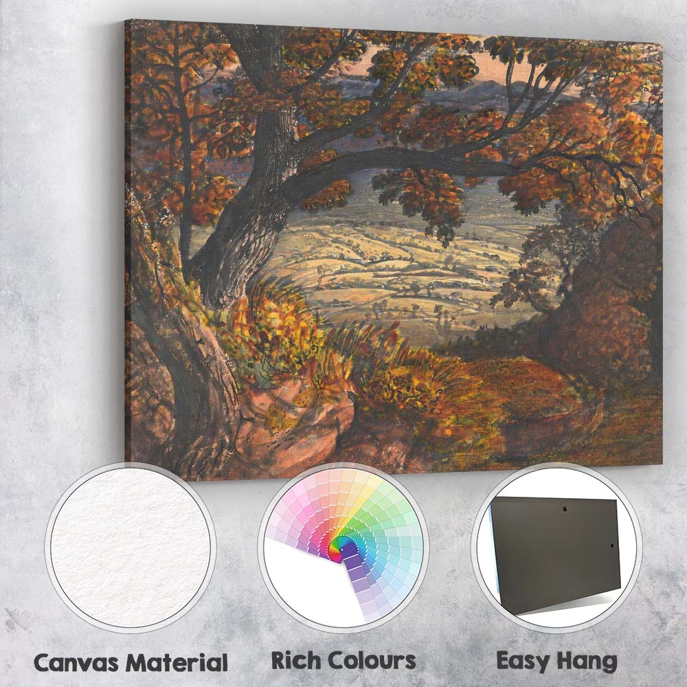 Autumn Oak Tree Overlooking Rolling Countryside Painting Canvas Wall Art Print Decor Picture Ready to Hang
