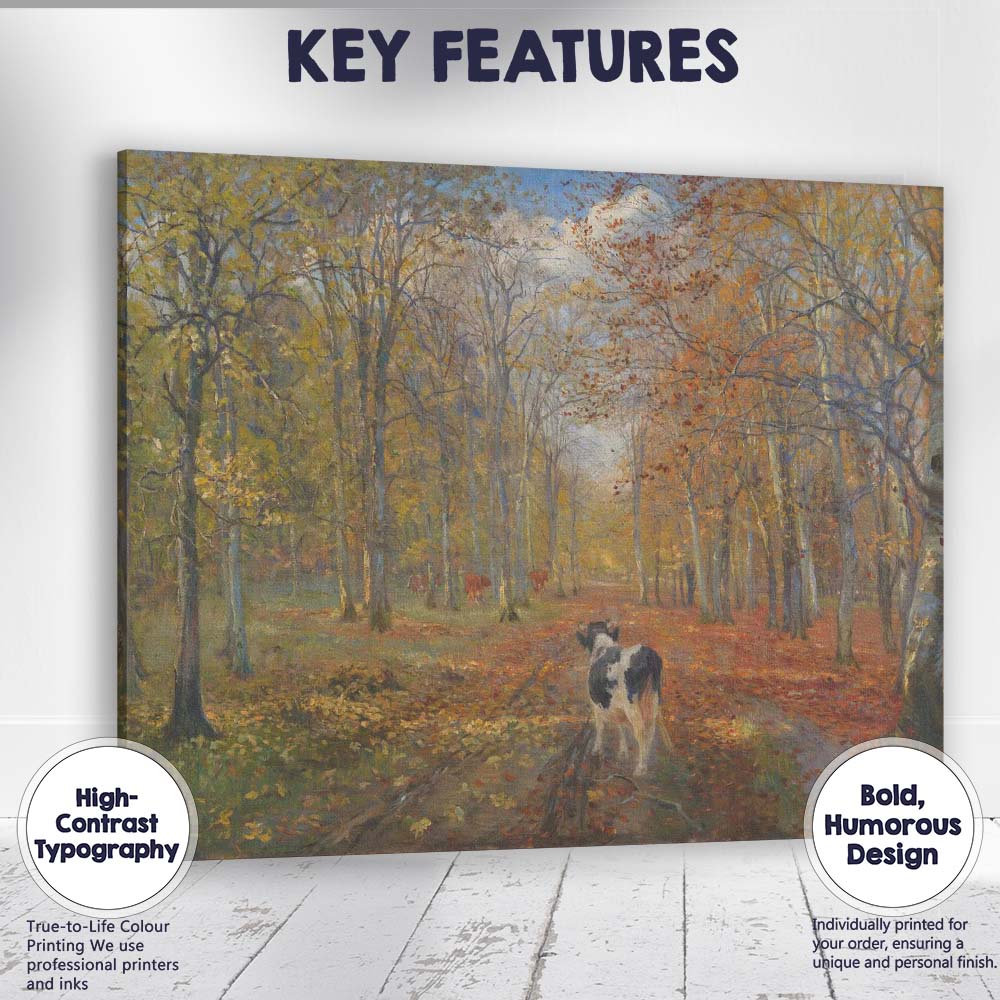 Autumn Forest Track With Grazing Cattle Landscape Canvas Wall Art Print Decor Picture Ready to Hang