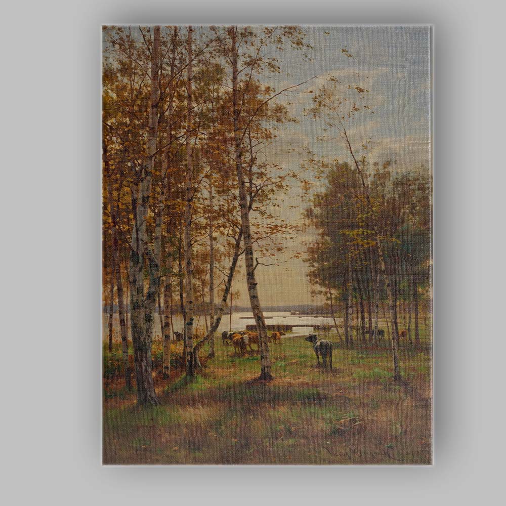 Sunlit Birch Forest Cattle Grazing Lakeside Pastoral Landscape Canvas Wall Art Print Decor Picture Ready to Hang