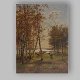 Sunlit Birch Forest Cattle Grazing Lakeside Pastoral Landscape Canvas Wall Art Print Decor Picture Ready to Hang