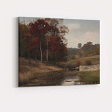 Autumn Countryside Stream With Horses Landscape Oil Painting Canvas Wall Art Print Decor Picture Ready to Hang