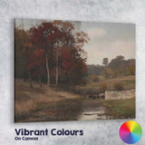 Autumn Countryside Stream With Horses Landscape Oil Painting Canvas Wall Art Print Decor Picture Ready to Hang