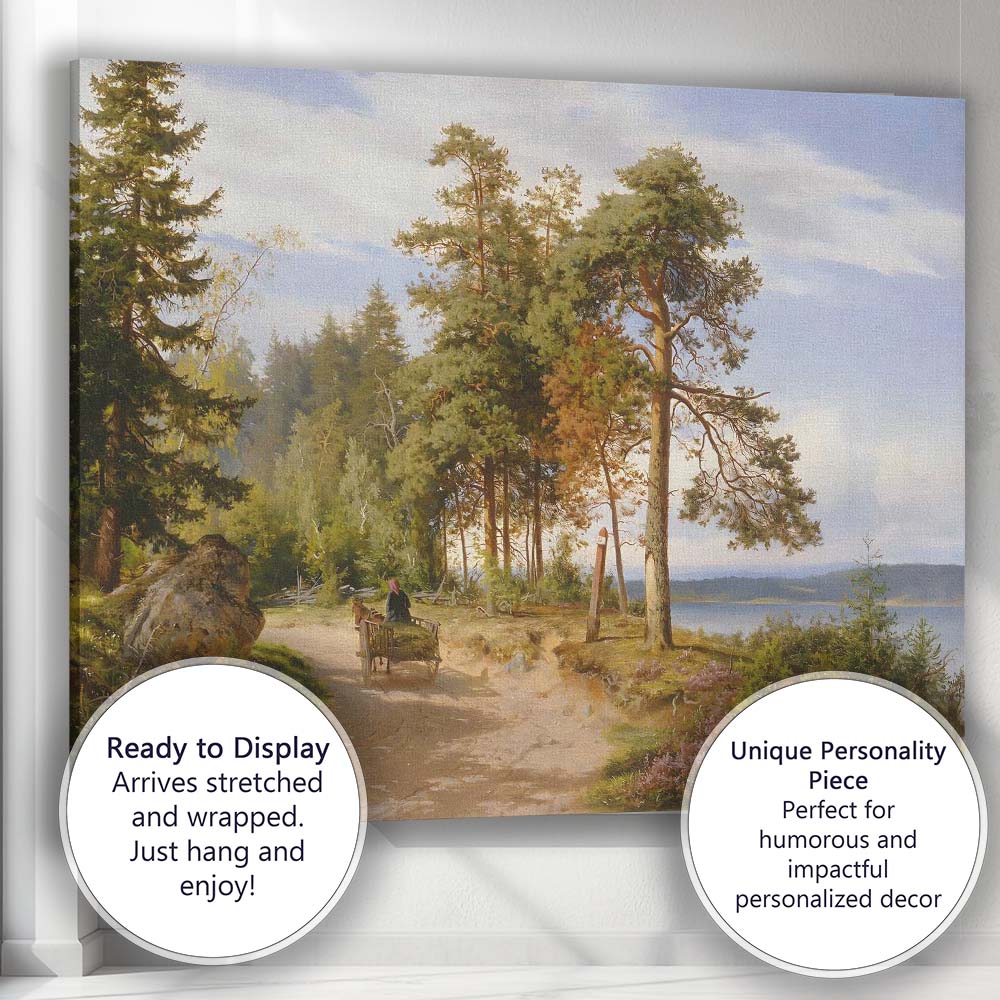 Sunlit Forest Road Beside Lake Nordic Landscape Oil Painting Canvas Wall Art Print Decor Picture Ready to Hang