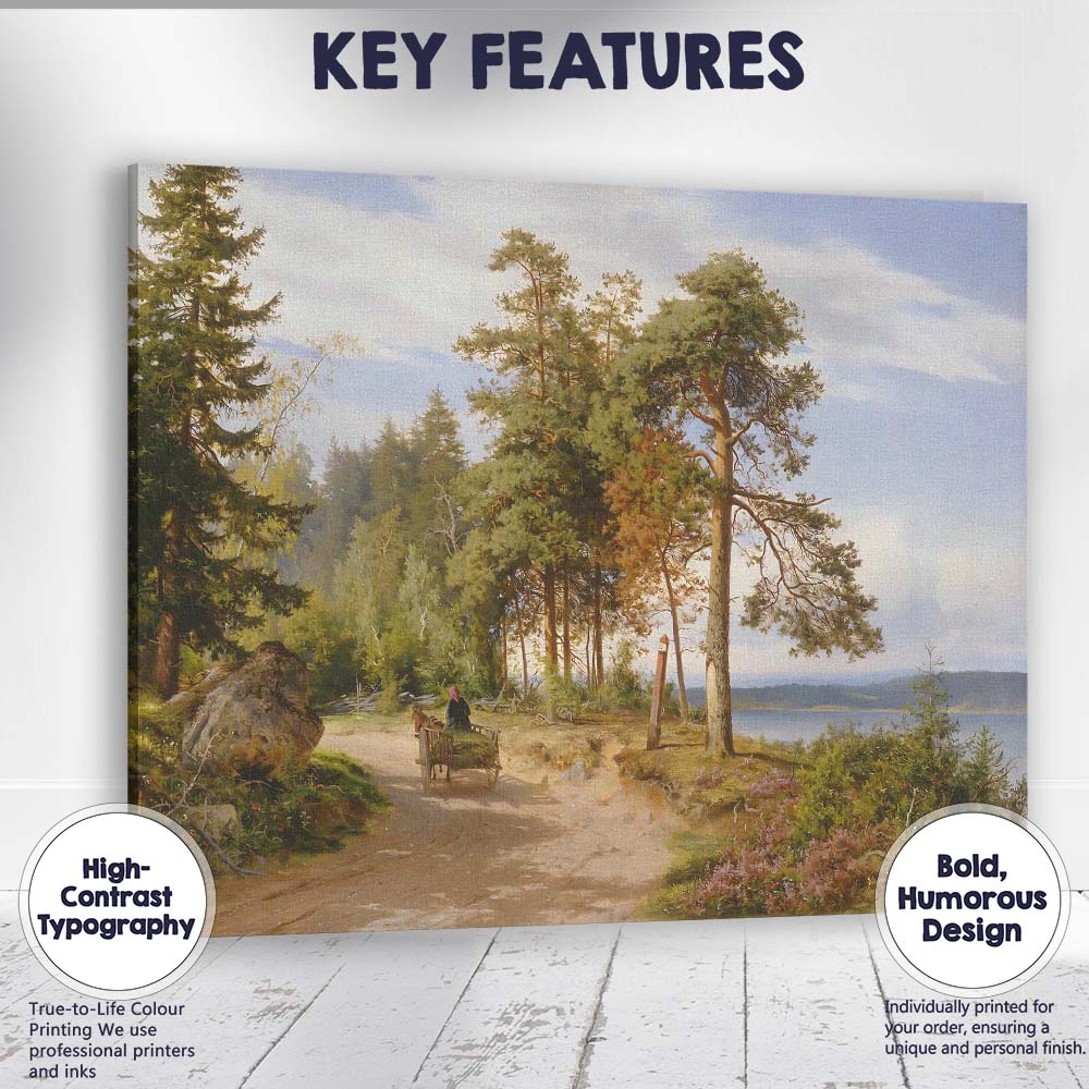 Sunlit Forest Road Beside Lake Nordic Landscape Oil Painting Canvas Wall Art Print Decor Picture Ready to Hang