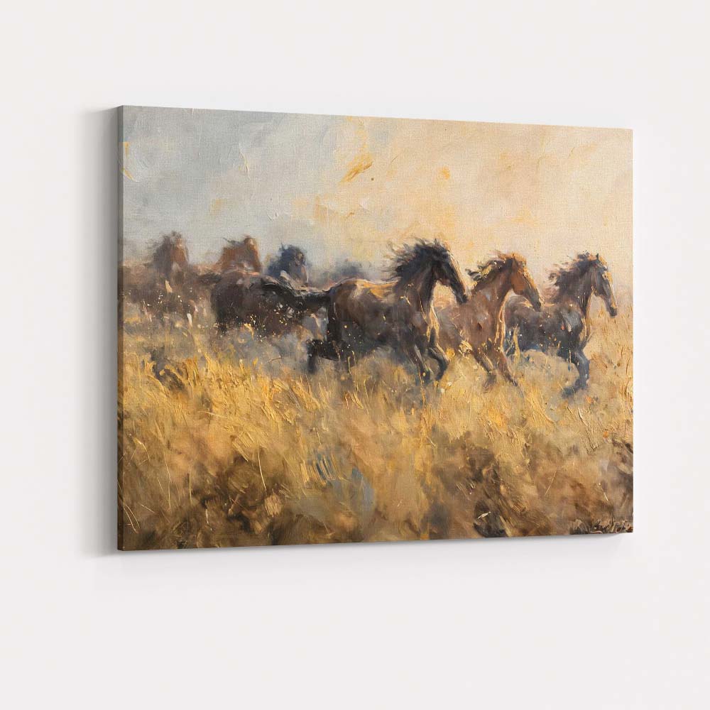 Galloping Wild Horses Through Golden Grassland Expressive Impressionist Canvas Wall Art Print Decor Picture Ready to Hang