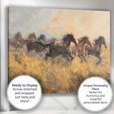 Galloping Wild Horses Through Golden Grassland Expressive Impressionist Canvas Wall Art Print Decor Picture Ready to Hang