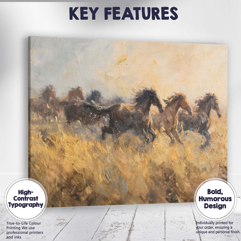 Galloping Wild Horses Through Golden Grassland Expressive Impressionist Canvas Wall Art Print Decor Picture Ready to Hang
