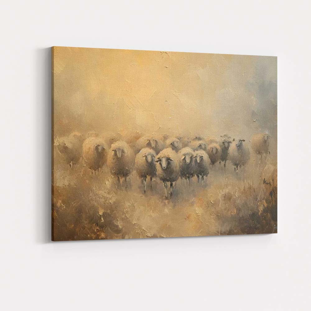 Neutral Rustic Sheep Flock Textured Farmhouse Painting Canvas Wall Art Print Decor Picture Ready to Hang