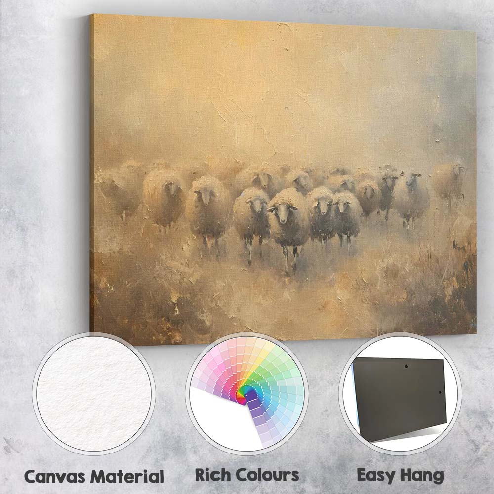 Neutral Rustic Sheep Flock Textured Farmhouse Painting Canvas Wall Art Print Decor Picture Ready to Hang