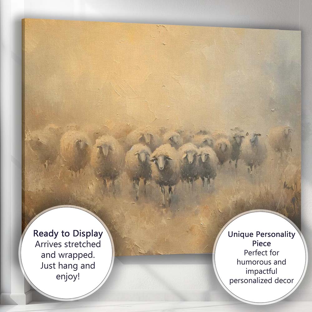 Neutral Rustic Sheep Flock Textured Farmhouse Painting Canvas Wall Art Print Decor Picture Ready to Hang