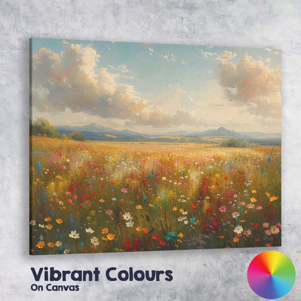 Sunlit Wildflower Meadow Mountain Panorama Landscape Canvas Wall Art Print Decor Picture Ready to Hang
