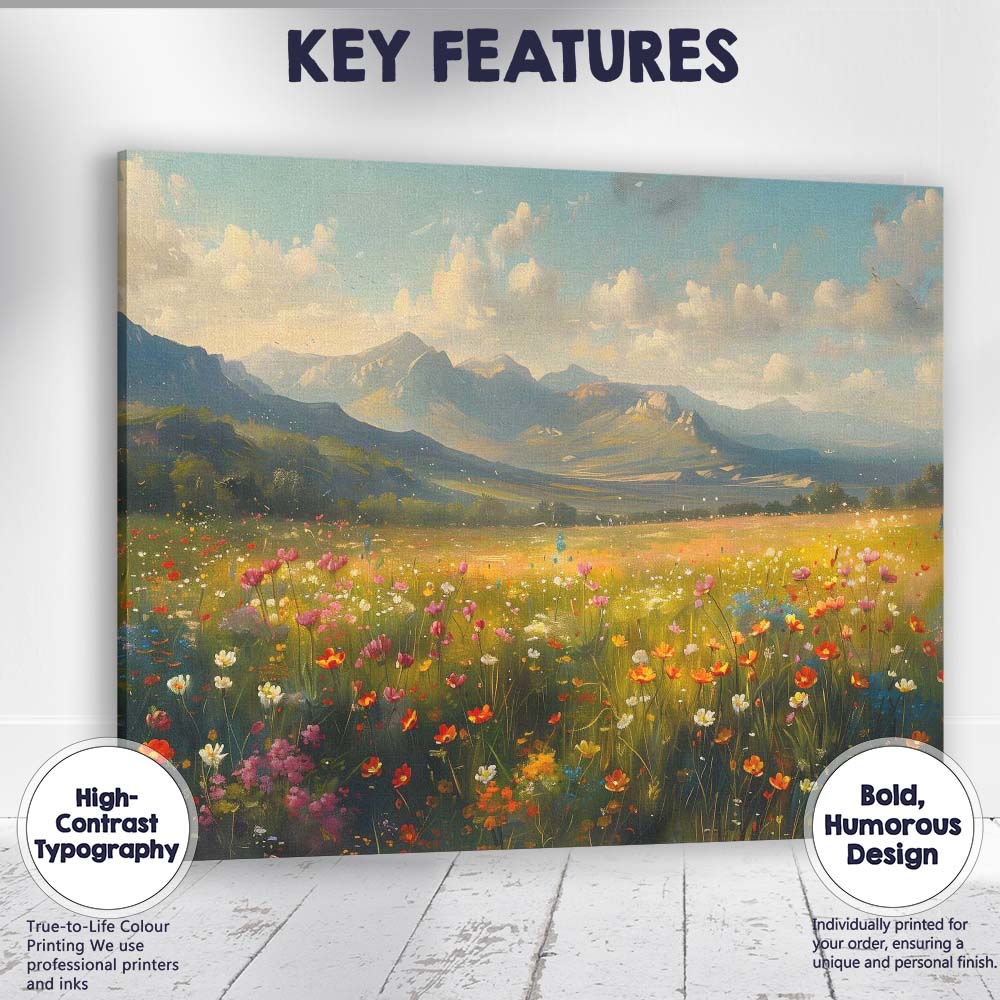 Blooming Alpine Wildflower Field Panoramic Mountain Landscape Canvas Wall Art Print Decor Picture Ready to Hang
