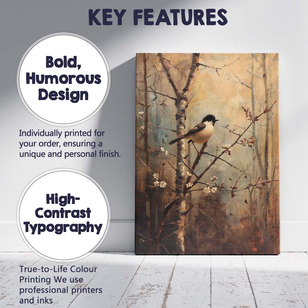 Charming Songbird on Blossom Branch Woodland Nature Painting Canvas Wall Art Print Decor Picture Ready to Hang