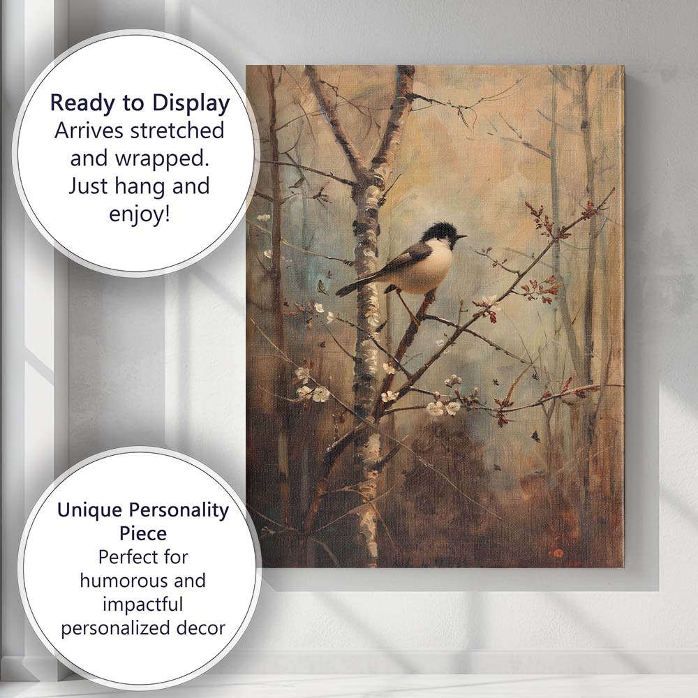 Charming Songbird on Blossom Branch Woodland Nature Painting Canvas Wall Art Print Decor Picture Ready to Hang