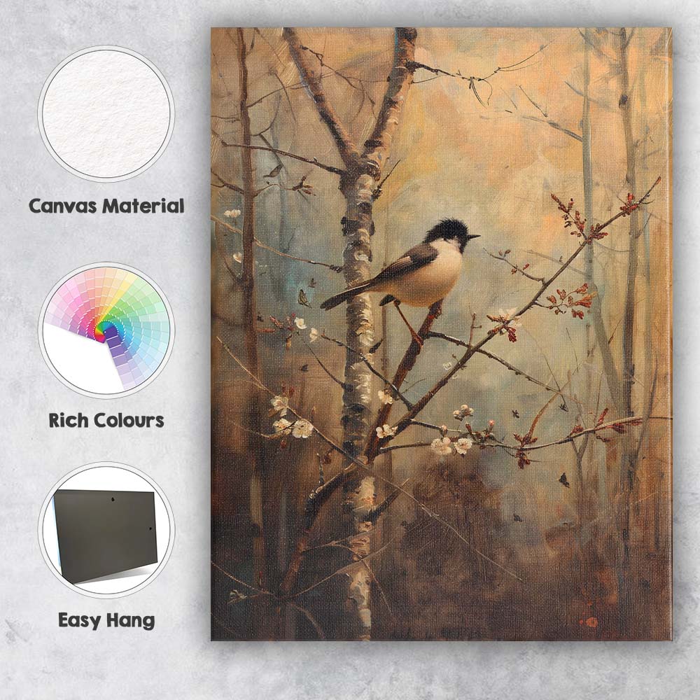 Charming Songbird on Blossom Branch Woodland Nature Painting Canvas Wall Art Print Decor Picture Ready to Hang