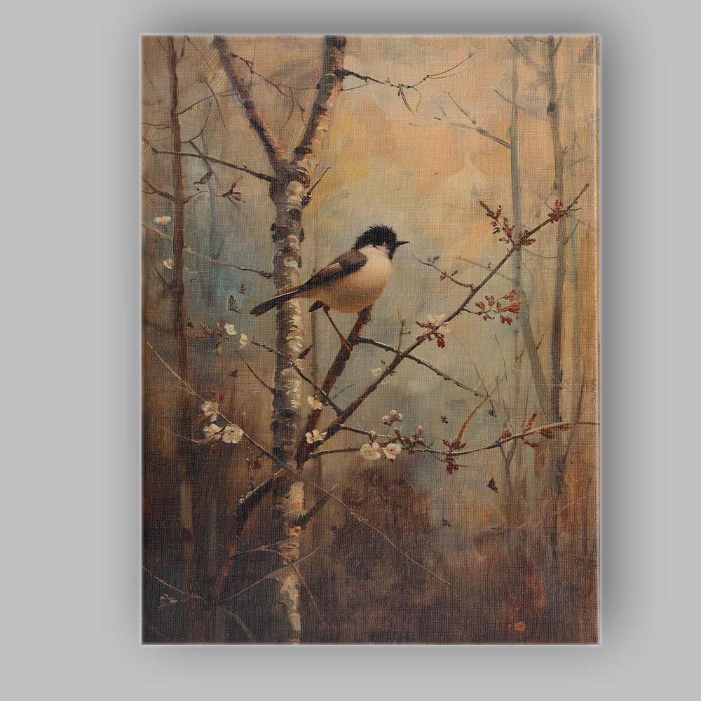 Charming Songbird on Blossom Branch Woodland Nature Painting Canvas Wall Art Print Decor Picture Ready to Hang