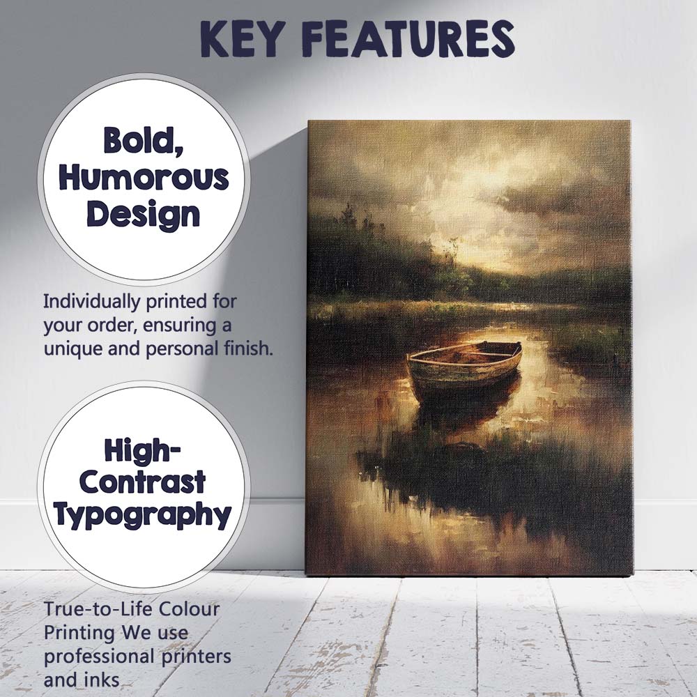 Atmospheric Rowboat Lake Reflection Moody Landscape Canvas Wall Art Print Decor Picture Ready to Hang