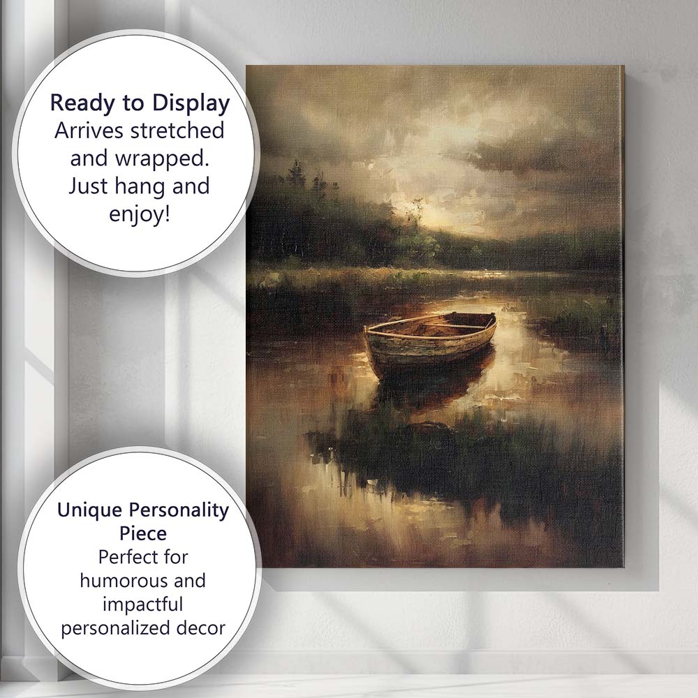 Atmospheric Rowboat Lake Reflection Moody Landscape Canvas Wall Art Print Decor Picture Ready to Hang