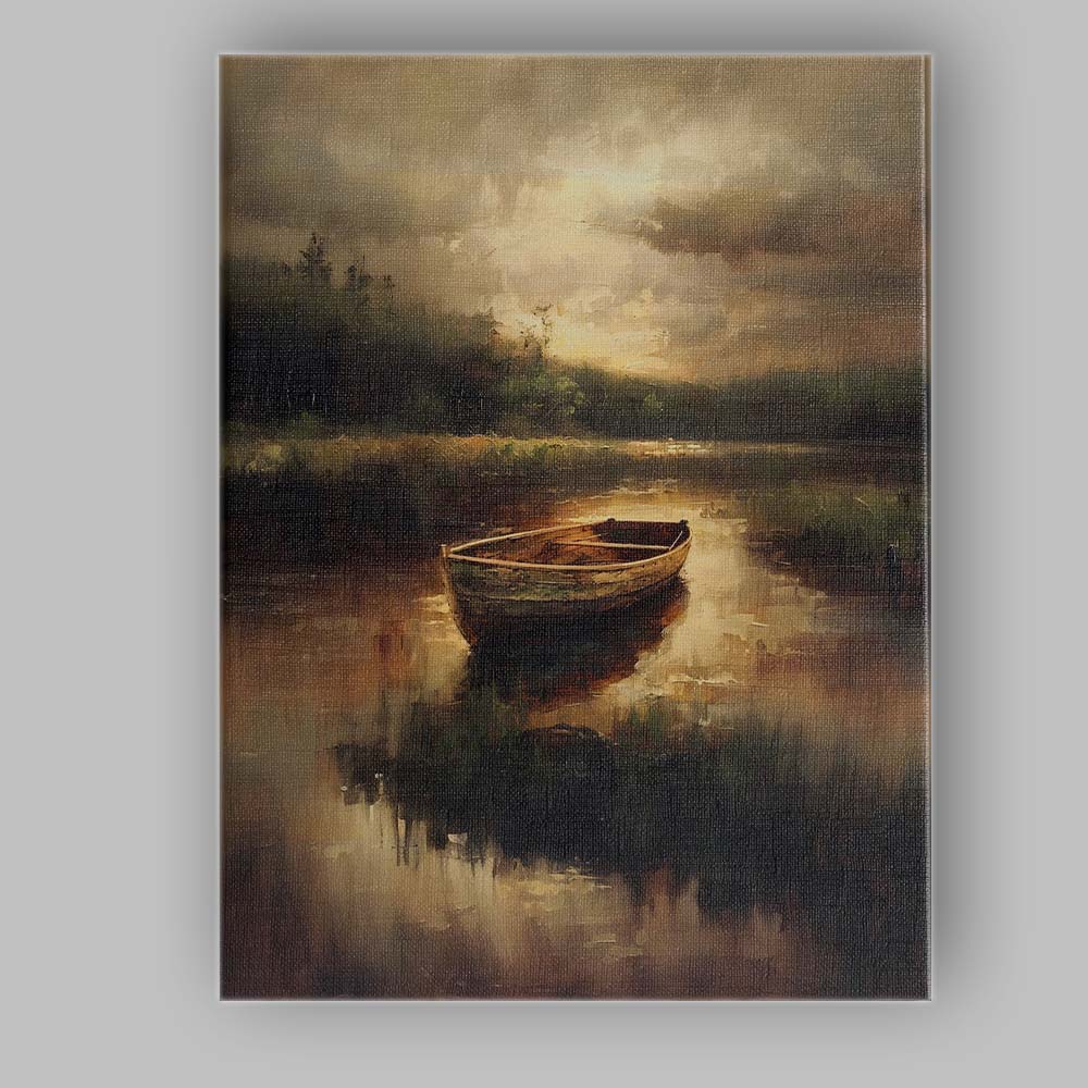 Atmospheric Rowboat Lake Reflection Moody Landscape Canvas Wall Art Print Decor Picture Ready to Hang