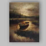 Atmospheric Rowboat Lake Reflection Moody Landscape Canvas Wall Art Print Decor Picture Ready to Hang