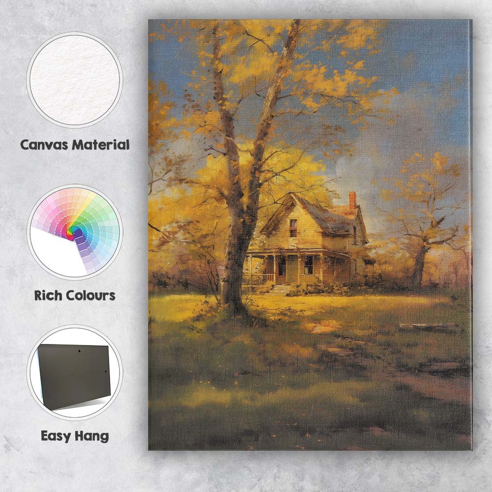 Golden Autumn Tree Farmhouse Landscape Canvas Wall Art Print Decor Picture Ready to Hang